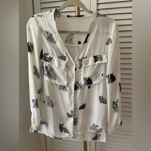 Zara White Blouse with Black Cat Print size XS